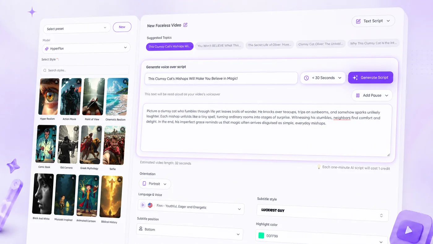 Write Script — generate and edit the voiceover script with style presets