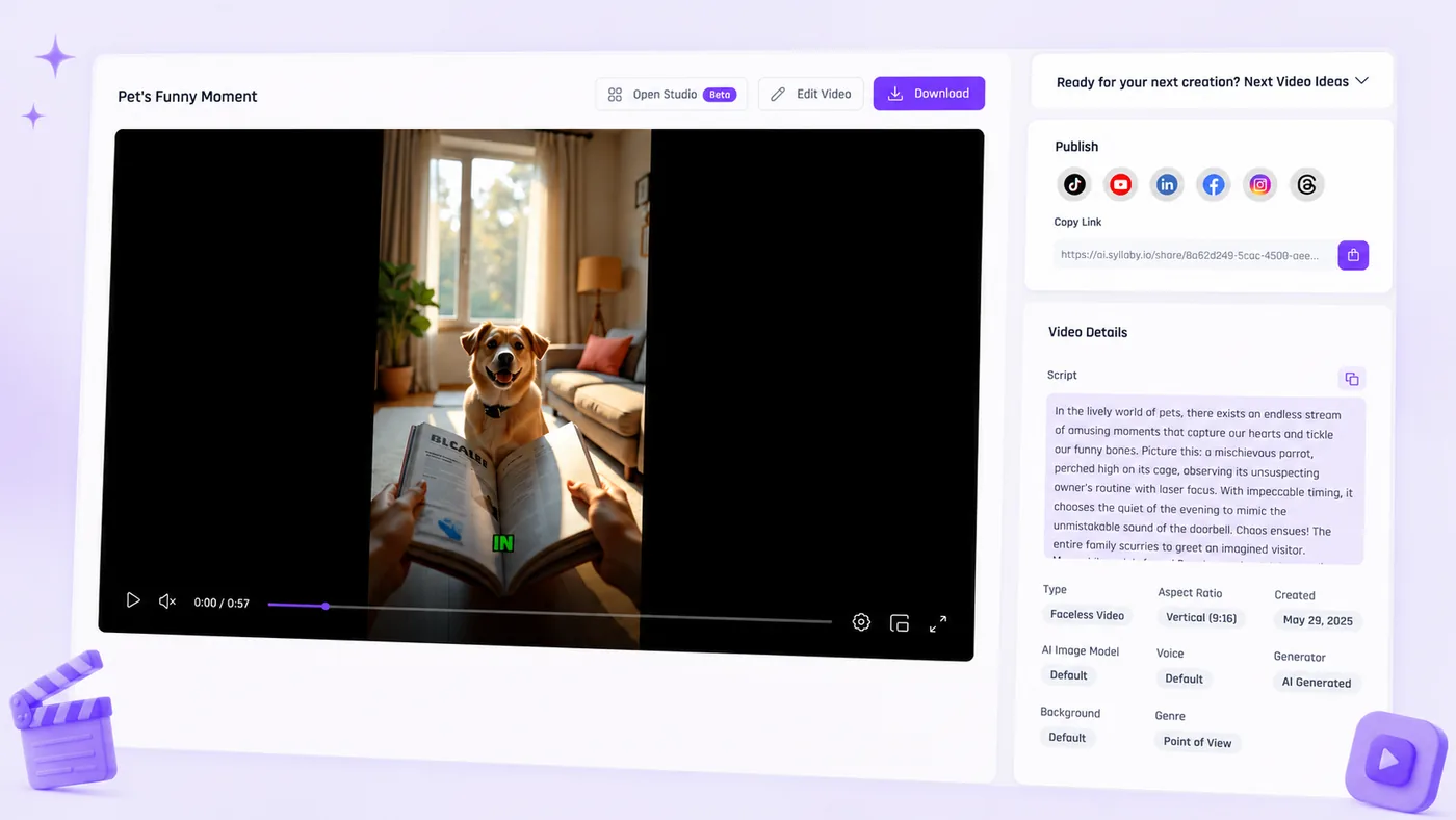 Generate Video — finished video preview, ready to edit, download, or publish